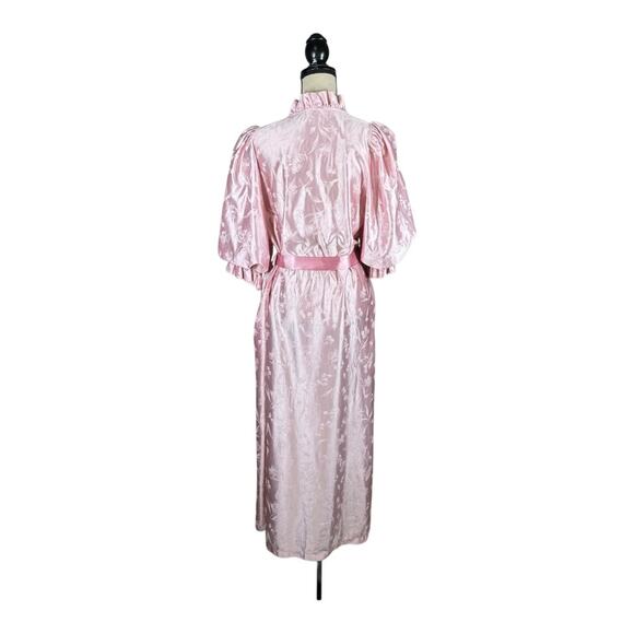 Vintage 70’s Miss Elaine Satin Floral Print Ruffle Trim Puff Sleeve Robe - Picture 3 of 9